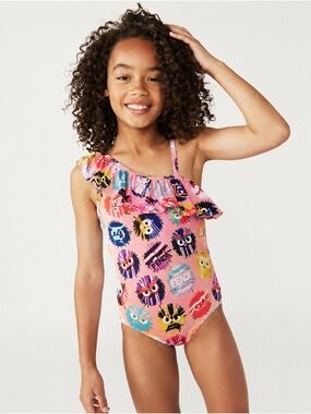 Fendi Kids One Shoulder Ruffle Swimsuit Pink Monster Print Size 8 Luxury summer🌸